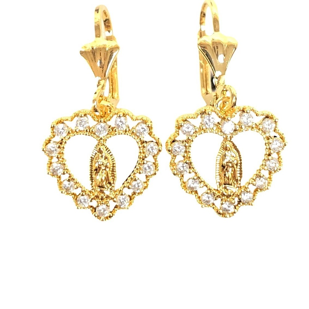 Laminated Gold Tone Virgin Mary Miraculous Heart ‎ Earrings Religious